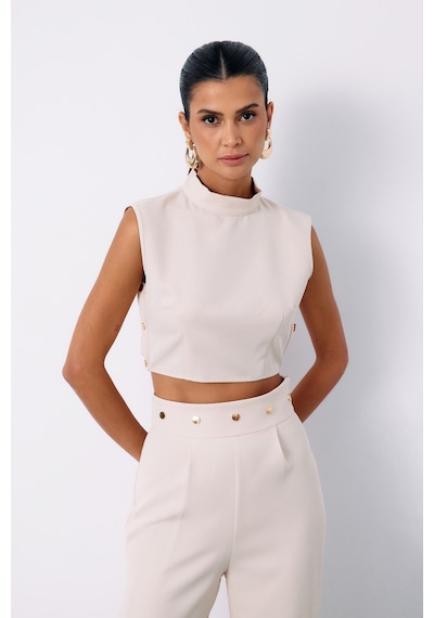 Sateen Çıt Çıt Detaylı Crop Bluz - Bej-134918 BEJ