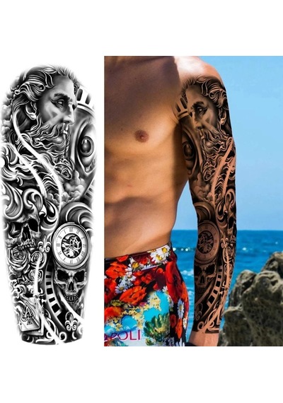 Geçici Dövme Büyük Boy Tam Kol Kaplama - Poseidon Mitoloji Ve Kurukafa Desenli Su Geçirmez Dövme