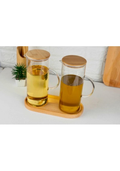 3 Parça 400 Ml Borosilikat Yağlık - Bambu Altlık Ve 2 Adet Bambu Kapaklı Cam Yağdanlık Saydam Cam