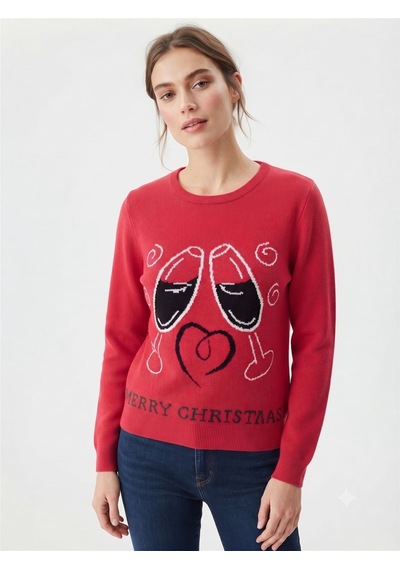 Neden Tekstil Kadın Kırmızı Triko Merry Christmas Desenli Kazak