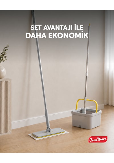 Ceraware Home Care Premium Hijyen Seti Dual System Kare Mop + Pratica Click Mop 2 Mikrofiber Bez 0