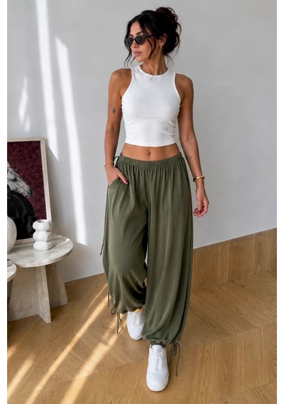 Bb Butik Basic Kadın Salaş Paraşüt Pantolon Ayarlanabilir Paça Frv34 haki