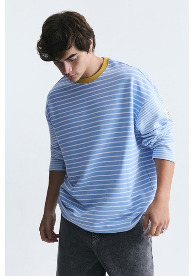 Vamos Kontrast Yaka Çizgili Sweatshirt Ekru-bebe Mavi