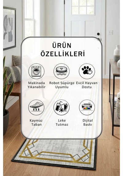 Reverans Çerçeve Syh Salon Mutfak Yatak Odası Yıkanabilir Yolluk Açık Gri