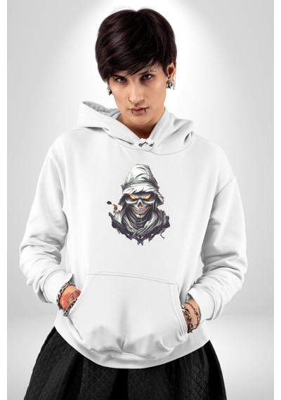 Kasaba Kurukafa Ninja Kadın Erkek Beyaz Kapüşonlu Sweatshirt Hoodie Beyaz