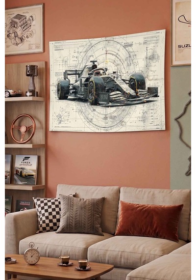 Formula 1 Yarış Aracı Teknik Çizim Dekoratif Duvar Örtüsü Duvar Halısı Beyaz