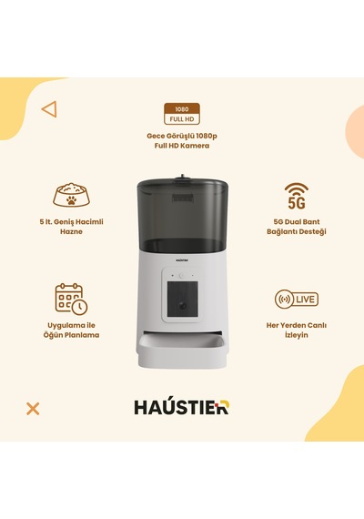 Haustier PP003 Pro Beyaz Kameralı 1080P FHD Gece Görüş Akıllı Otomatik Kedi Mama Kabı, Tuya App-Wifi Uzaktan Kontrol, Sesle Çağırma, 2.4Ghz-5Ghz, 5Lt hazne, Metal Kase