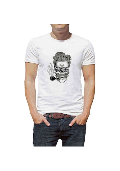 Pipolu Kurukafa Black Baskılı Beyaz Erkek Tshirt