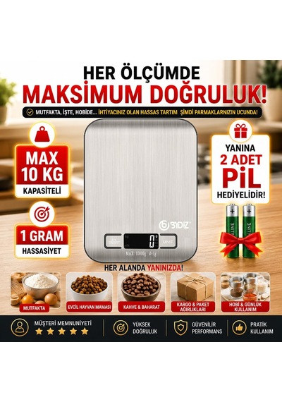 Bydiz Dijital Mutfak Terazisi 10 Kg Kapasiteli 1 Gr Hassasiyetli, Paslanmaz Çelik Hassas Mutfak Tartısı, Dara Fonksiy Diğer