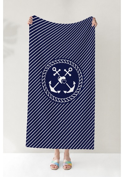 Çapa Marine Çizgili Plaj Havlusu - Lacivert Beyaz Nautical Modern Hızlı Kuruyan Mikrofiber Havlu Kumlu Yasemin