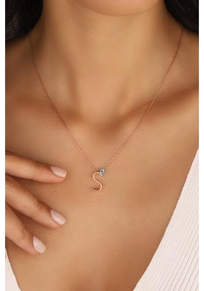 Nazar Boncuklu 3 Boyutlu Harf Kolye - S Rose Gold