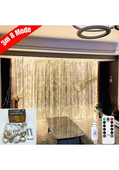 Usb Kumandalı Led Perde Işık 3 Metre Gün Işığı 8 Mod Yılbaşı, Oda Ve Ev Dekorasyonu Gün Işığı