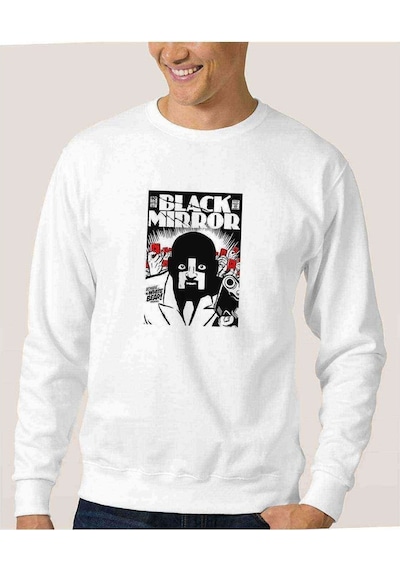 Black Mirror White Bear Baskılı Beyaz Erkek Örme Sweatshirt