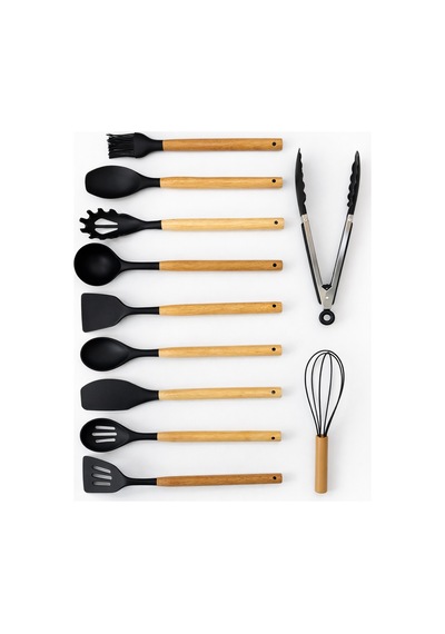 11 Parça Bambu Saplı Silikon Mutfak Seti Kaşıklıklı Isıya Dayanıklı Spatula Kepçe Çırpıcı Maşa Seti Siyah