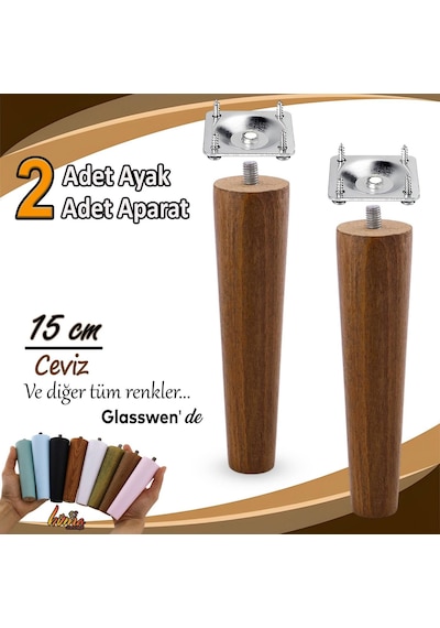 2 Adet Ahşap Ayak 15 Cm Ceviz M8 Civatalı Bağlantı Aparatlı Dolap Mobilya Koltuk Kanepe Destek Ayağı Ayakları Ceviz