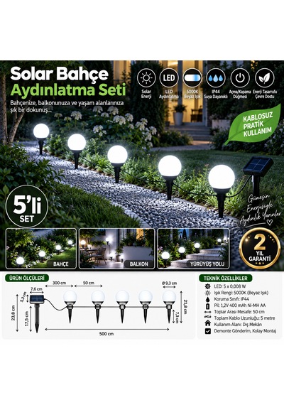 5 Li Solar Bahçe Aydınlatma Led Küre Seti Güneş Enerjili Dekoratif Işık Saplamalı & Asılabilir
