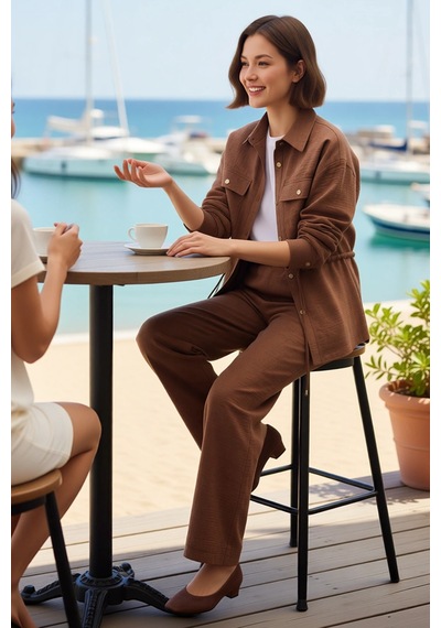 Benerly Kadın Büyük Beden Gömlek Pantolon Takımı %100 Polyester Keten Dok Kahverengi