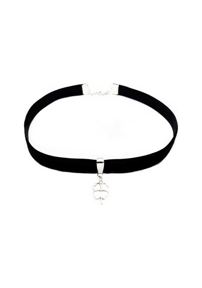 Siyah Renk Kadife Kadın Yonca Choker Kolye Gümüş