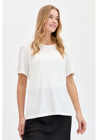 Kadın Sıfır Yaka Flamlı Kumaş Penye Tshirt Ekru Ekru