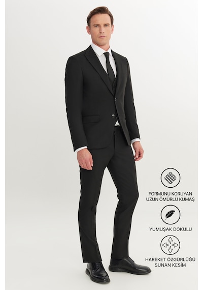 AC&Co / Altınyıldız Classics Erkek Sıyah Slim Fit Dar Kesim Kırlangıç Yaka Kapak Cepli Yelekli Takım Elbise Siyah