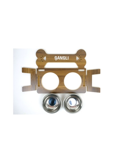 Köpek Su Ve Mama Kabı - Kemik Model - Özel İsim Baskılı -büyük Irk-ceviz Mdf - Çelik Kase - 2 1000ml