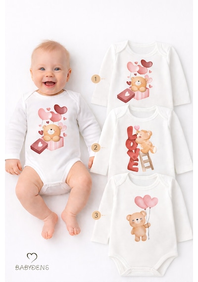 Babyden's 3 Lü Bebek Body Seti %100 Pamuk Uzun Kollu Ayıcık Baskılı Yenidoğan Unisex Bebek Body Beyaz