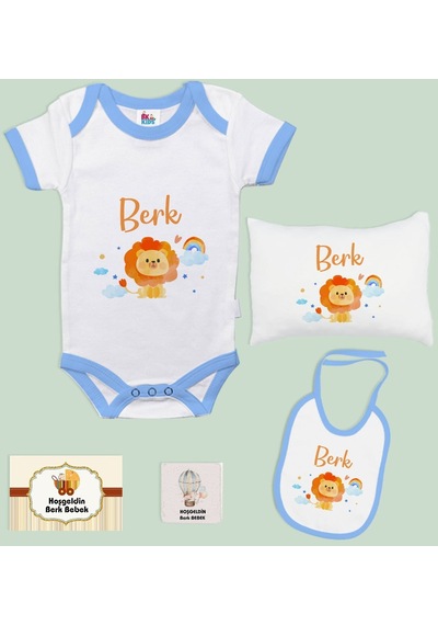 Bk Kids Kişiye Özel İsimli 5 Parça Mavi Bebek Body Zıbın Yastık Hediye Seti, Yeni Doğan Bebek Giyim Hediyesi-4
