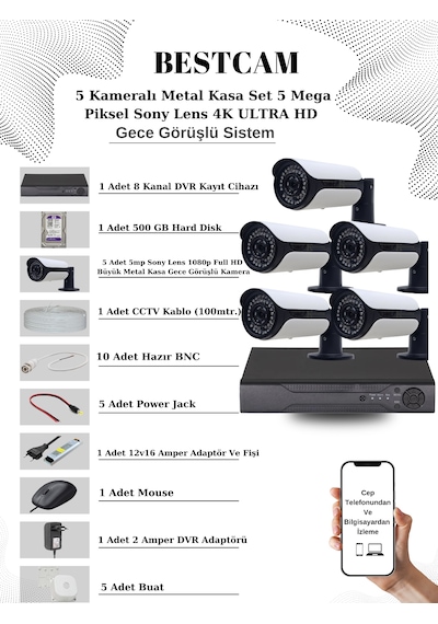 5 Kameralı Metal Kasa Set 5 Mp Sony Lensli 4k Ultra Hd 500 Gb Hdd