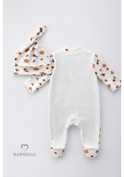 Babyden's Babaannesinin Balı Yazılı Yenidoğan Bebek Tulum Şapka Set Arı Desenli Çıtçıtlı Unisex Tulum Ekru - Çok Renkli