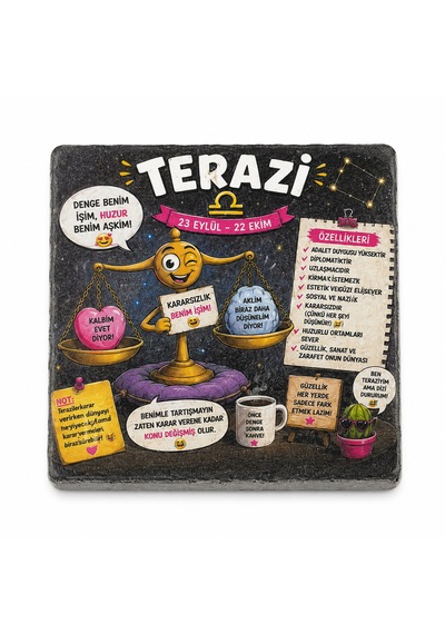 Atölye Sezer Terazi Burç Traverten Bardak Altlıkları Desenli