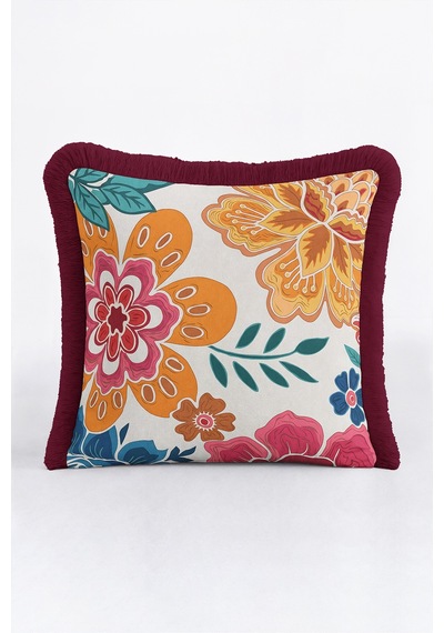 Boho Çiçek Motifli Saçaklı Yastık Kılıfı-tropik Botanik Retro Turuncu Bordo Püsküllü Kırlent Kılıfı Haki