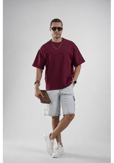 King Brich Oversize Kalıp Basic %100 Pamuklu Erkek Tişört Bordo