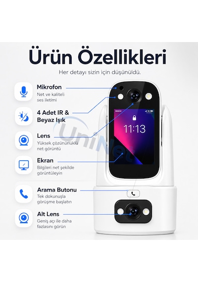 Uninet Çift Kameralı 355 Derece Dönebilen Ptz Ekranlı Wifi Güvenlik Kamerası Uzaktan İzleme, Gece Görüş İç Mekan Kamera
