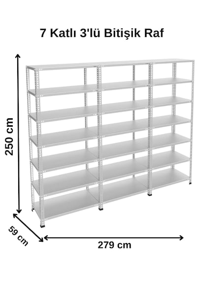 7 Katlı 3'lü Bitişik Galvaniz Çelik Raf - Depo, Arşiv, Kiler, Dosya, Market Rafı 59x93x250 Cm Gri