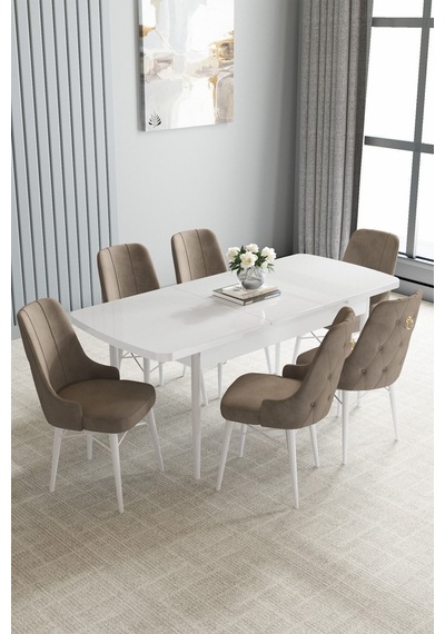 Jusie Beyaz 80x132 Açılabilir Mutfak Masası Takımı 6 Adet Sandalye Cappucino