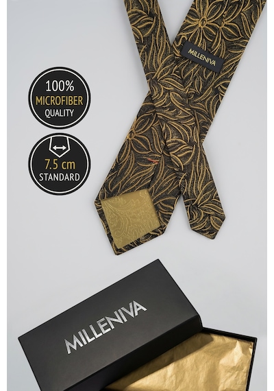 Milleniva Retro Şal Desenli Siyah Gold Kravat & Mendil