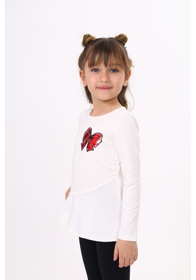 Toontoy Kids Toontoy Kız Çocuk Göğsü Pullu Fiyonklu Nakışlı T-shirt Ekru