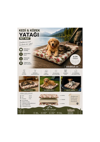 Kedi Köpek Yatağı Süngerli Fermuarlı Yıkanabilir Kılıflı Köpek Minderi 60x80x8 Cm-ingiliz Gülü