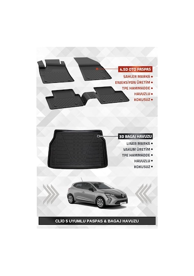 Sahler Renault Clio 5 2020+ Uyumlu 4.5d Sahler Premium Havuzlu Paspas Ve Liner Marka 3d Bagaj Havuzu - Clio