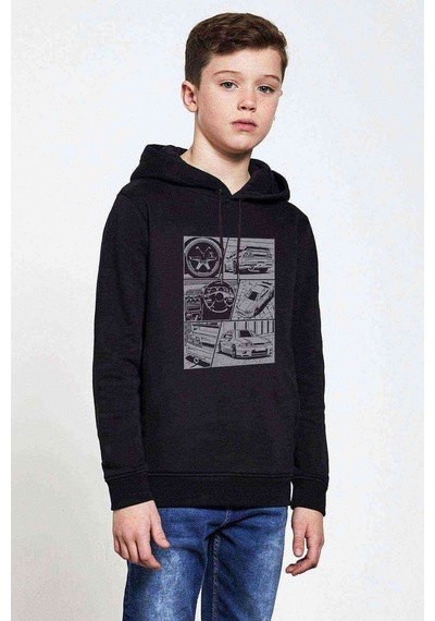 Tshirthane Skyline Baskılı Unisex Çocuk Kapüşonlu Siyah Sweatshirt Siyah
