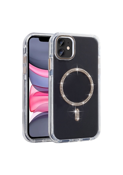 Apple Uyumlu iPhone 11 Kılıf Taşlı Tasarım M-safe Şarj Özellikli Mkst Koment Silikon Kapak - Gold Altın