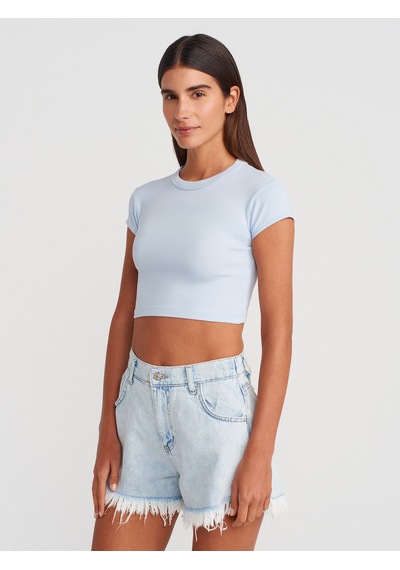 Dilvin 31810 Bisiklet Yaka Crop T-shirt-açık Mavi Açık Mavi