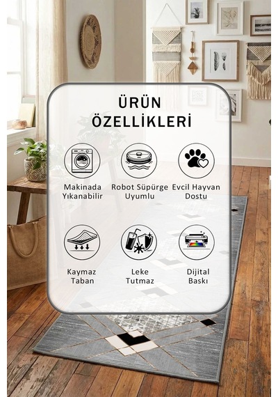 Repato Salon Mutfak Yatak Odası Yıkanabilir Yolluk Gri