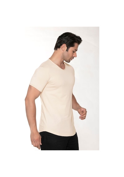 Black Horn Erkek Geniş Yaka %100 Pamuk Salaş T-shirt Bej