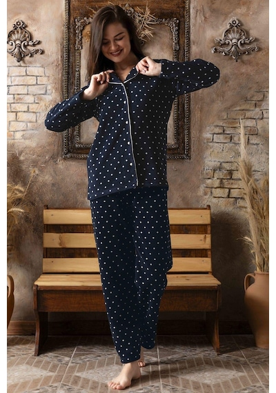 Sude Kadın Gömlek Önden Düğmeli Polar Desenli Pijama Takımı P200/124 - 1 Adet 001