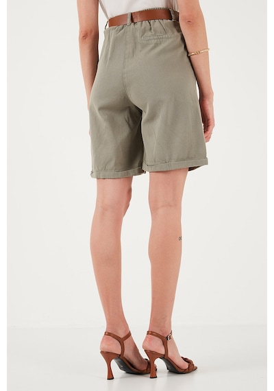 Lela Pamuklu Relaxed Fit Yüksel Bel Kemerli Gabardin Short Bayan Şort 668Yp4710 Açık Haki