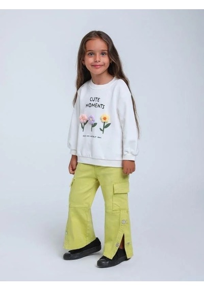 Kız Çocuk Örgü Çiçek Desenli Sweatshirt-14297 Beyaz