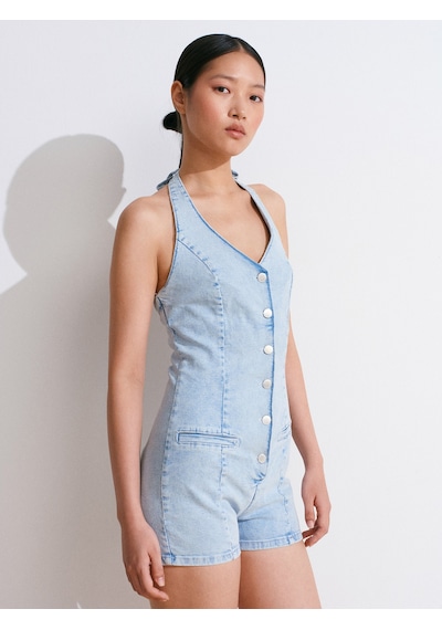 Dilvin 72023 Önü Fletolu Kısa Denim Tulum-mavi Mavi
