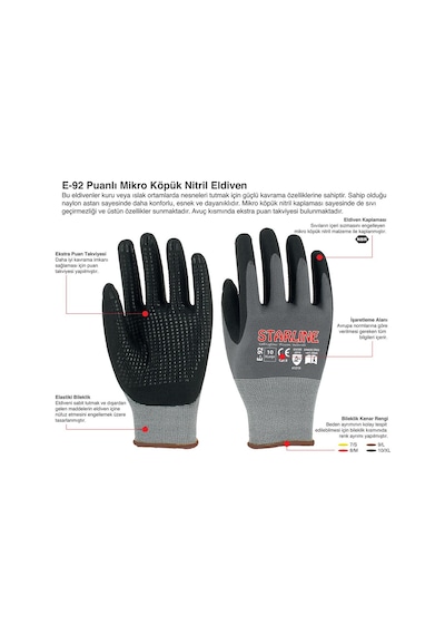 Starline E-92 Puanlı Mikro Köpük Nitril Eldiven Montaj Eldiveni No.9/large - 3 Adet