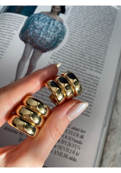 Pinery Jewels 3 Sıra Halka Altın Kaplama Küpe Çifti Altın